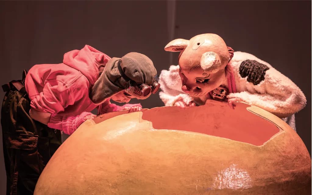 大きなたまごをのぞきこむ、マスクをつけた登場人物たち